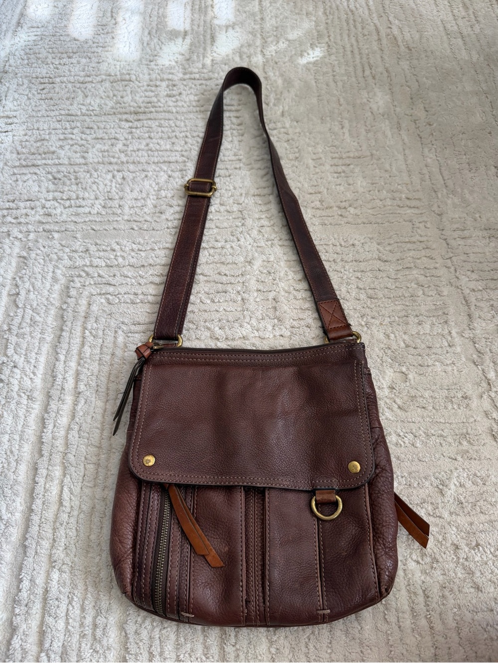 Fossil Brown Leather Multi Pocket Crossbody Bag Flap Organizer Shoulder Purse